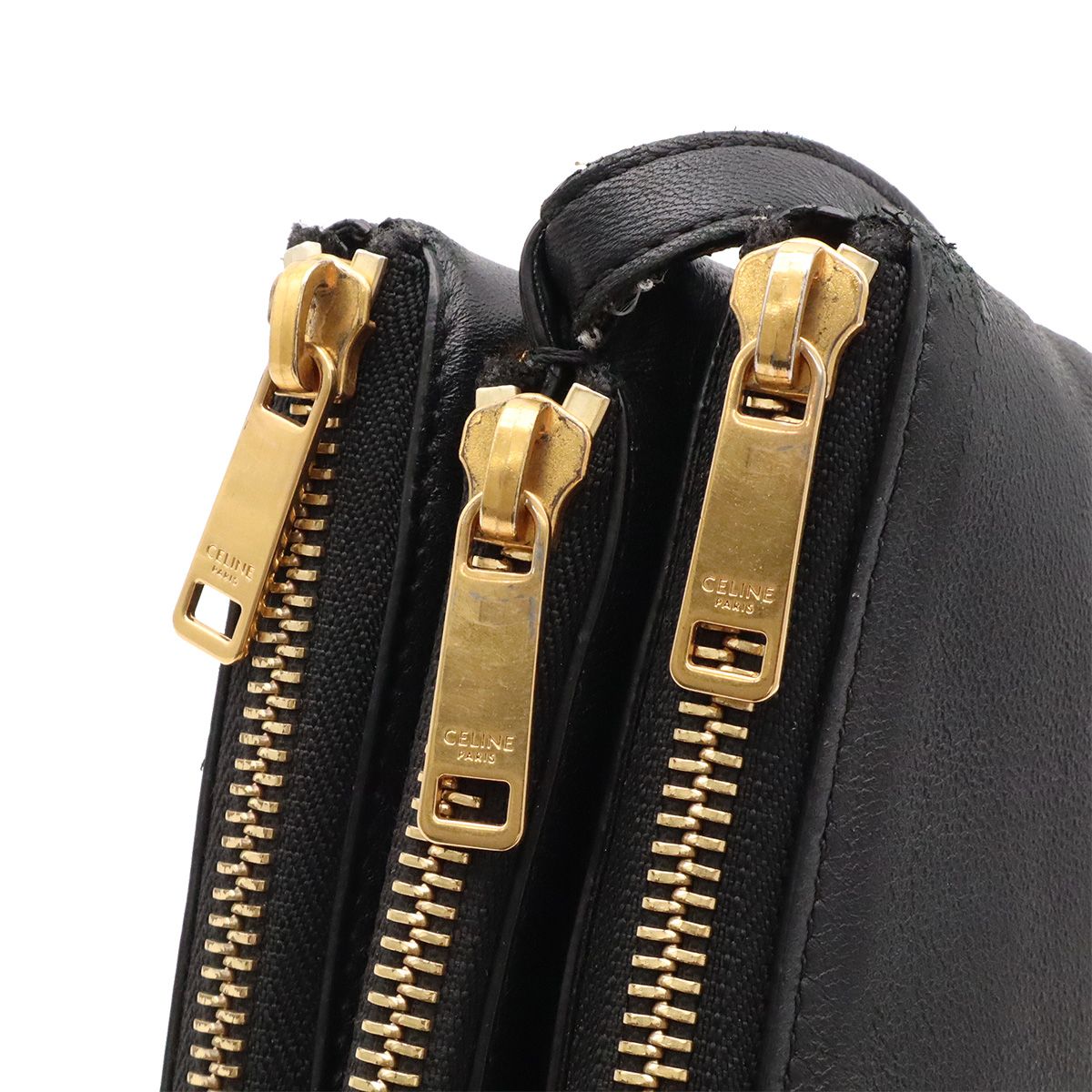Celine Trio Shoulder Bag Pouch Pochette Crossbody Leather Black Gold — view 6
