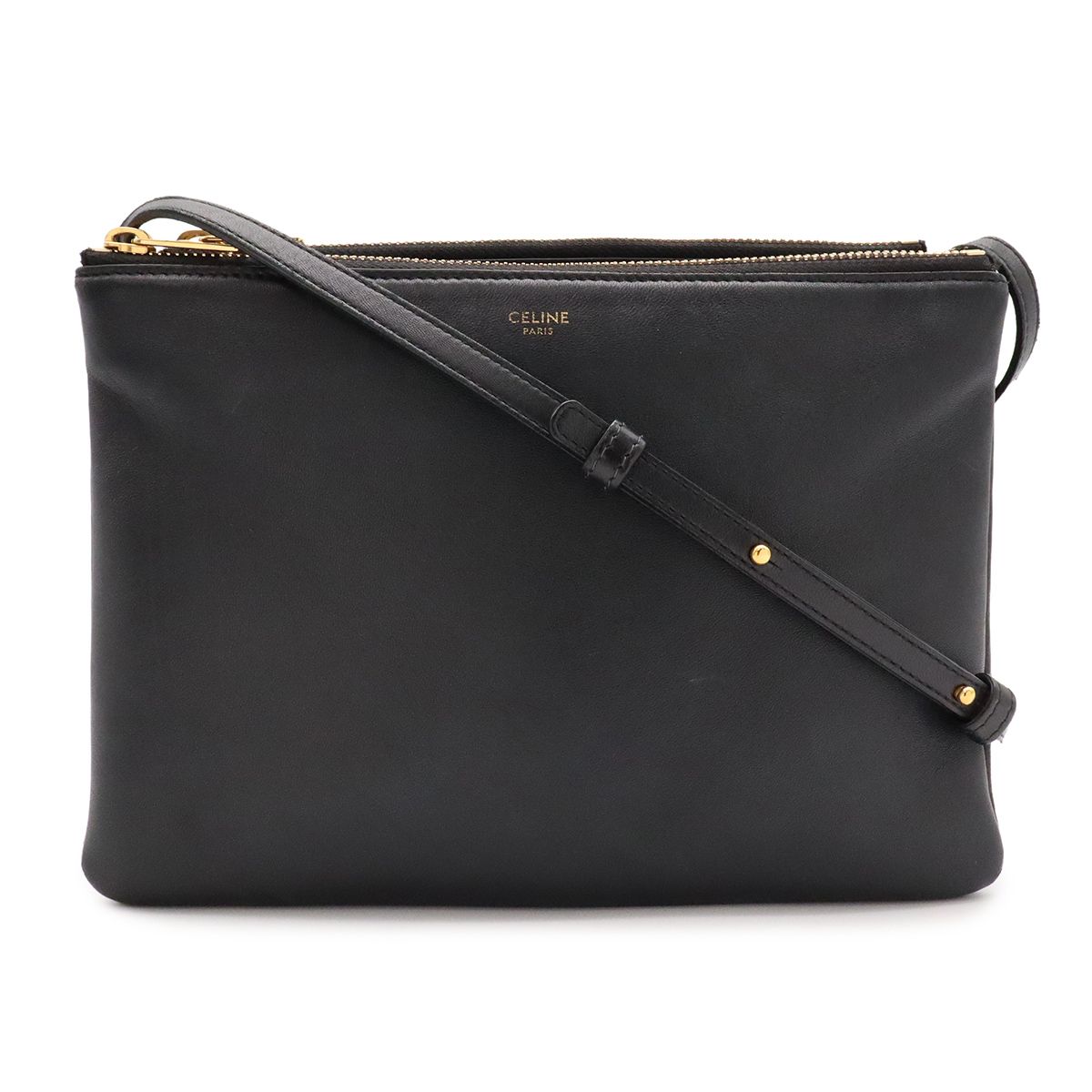 Celine Trio Shoulder Bag Pouch Pochette Crossbody Leather Black Gold