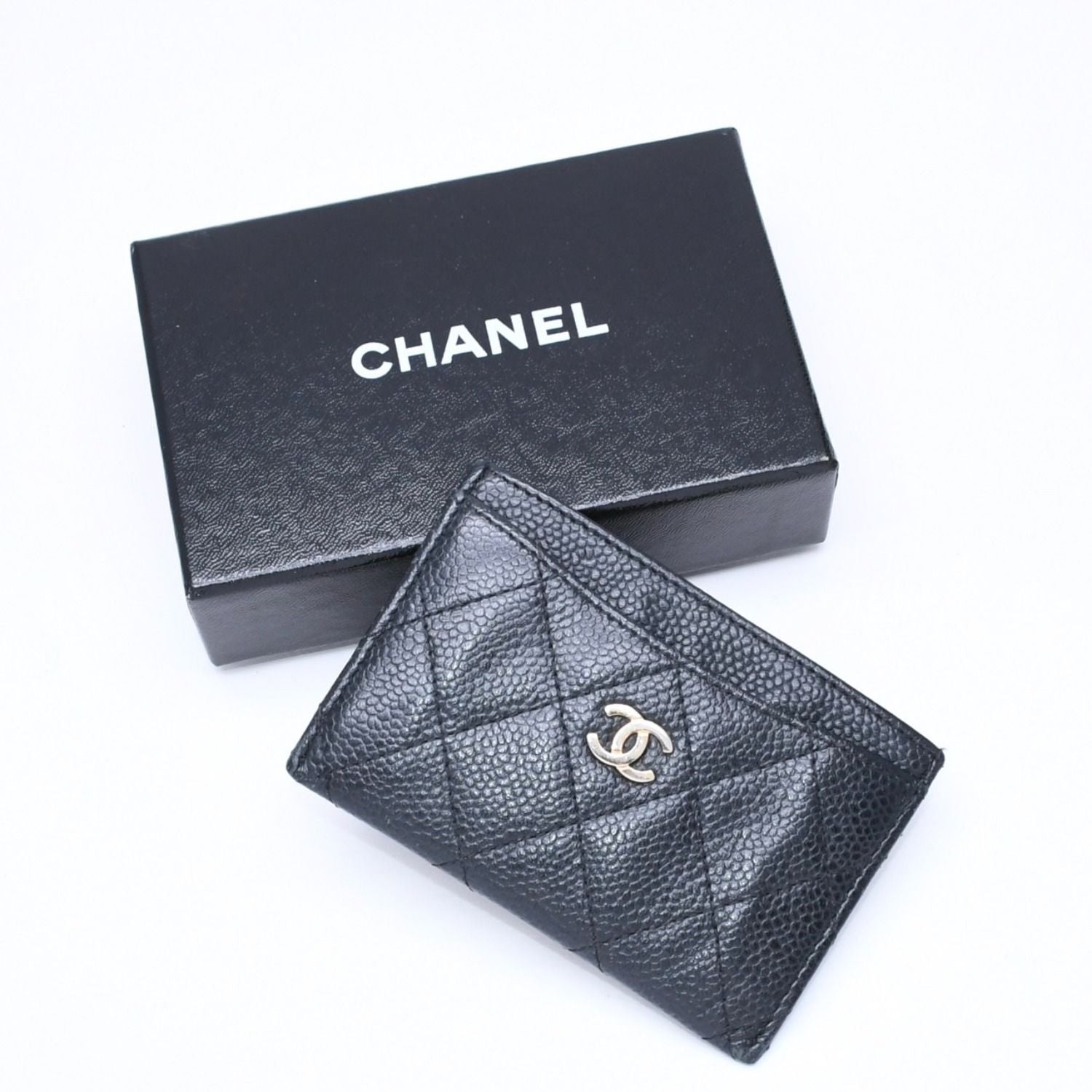 Chanel Classic Card Case CC Logo Caviar Leather Black Gold