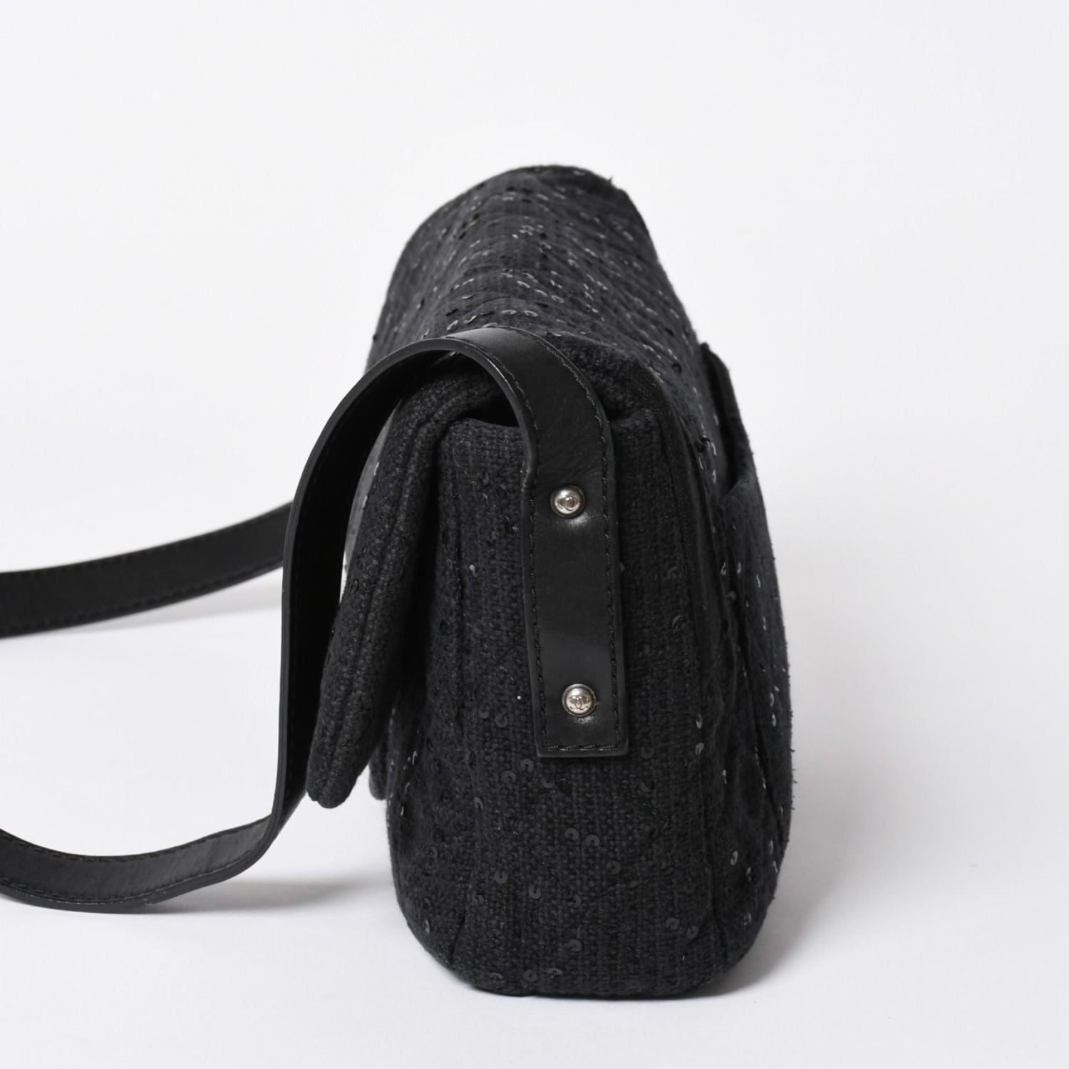 Chanel 2.55 Shoulder Bag CC Logo Sequins Canvas Leather Black — view 4