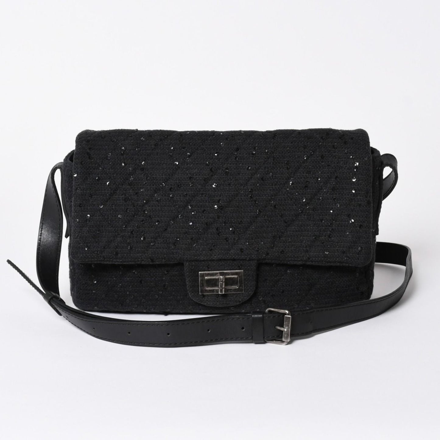 Chanel 2.55 Shoulder Bag CC Logo Sequins Canvas Leather Black