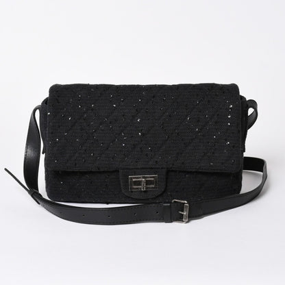 Chanel 2.55 Shoulder Bag CC Logo Sequins Canvas Leather Black