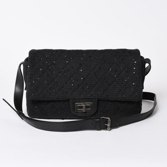 Chanel 2.55 Shoulder Bag CC Logo Sequins Canvas Leather Black
