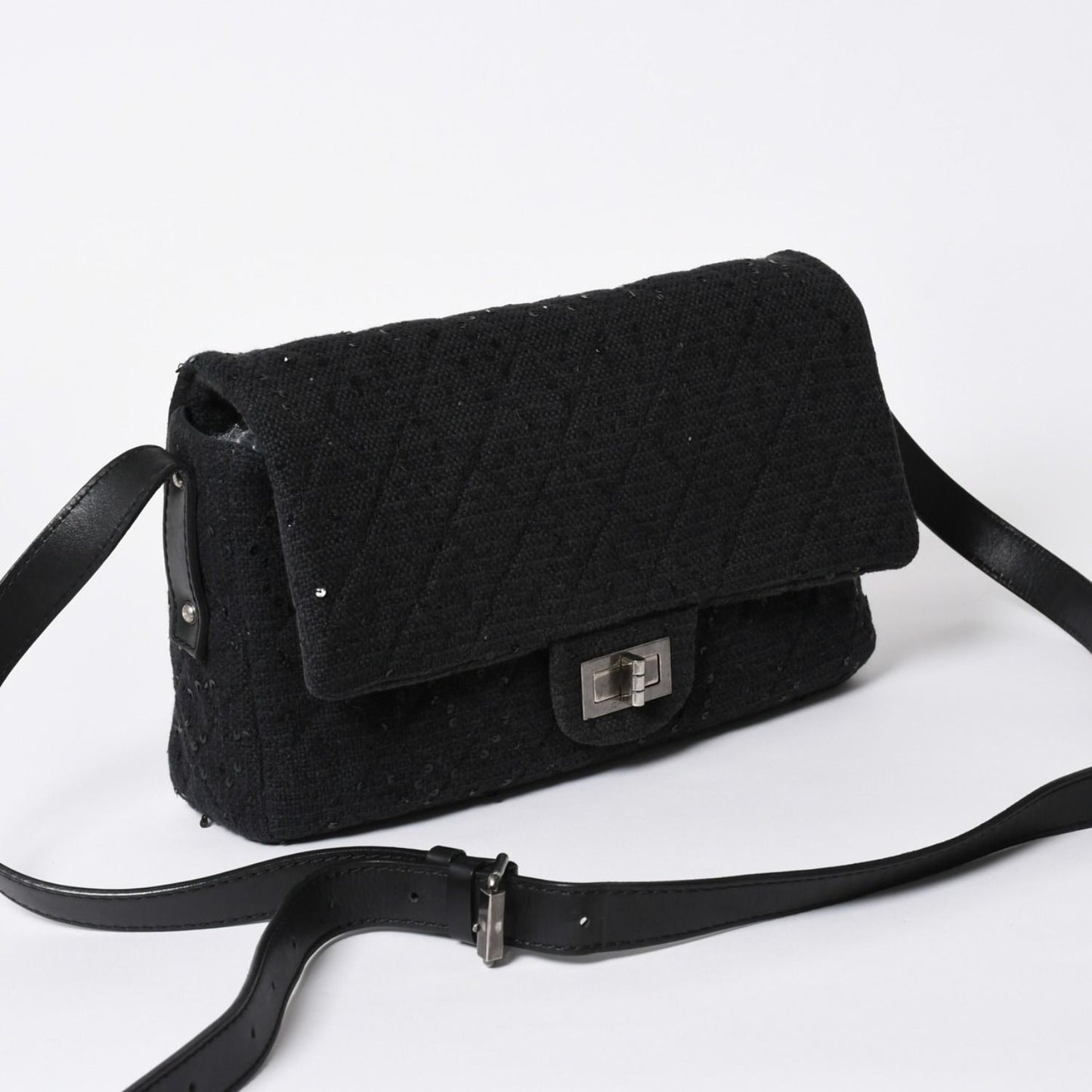 Chanel 2.55 Shoulder Bag CC Logo Sequins Canvas Leather Black — view 3