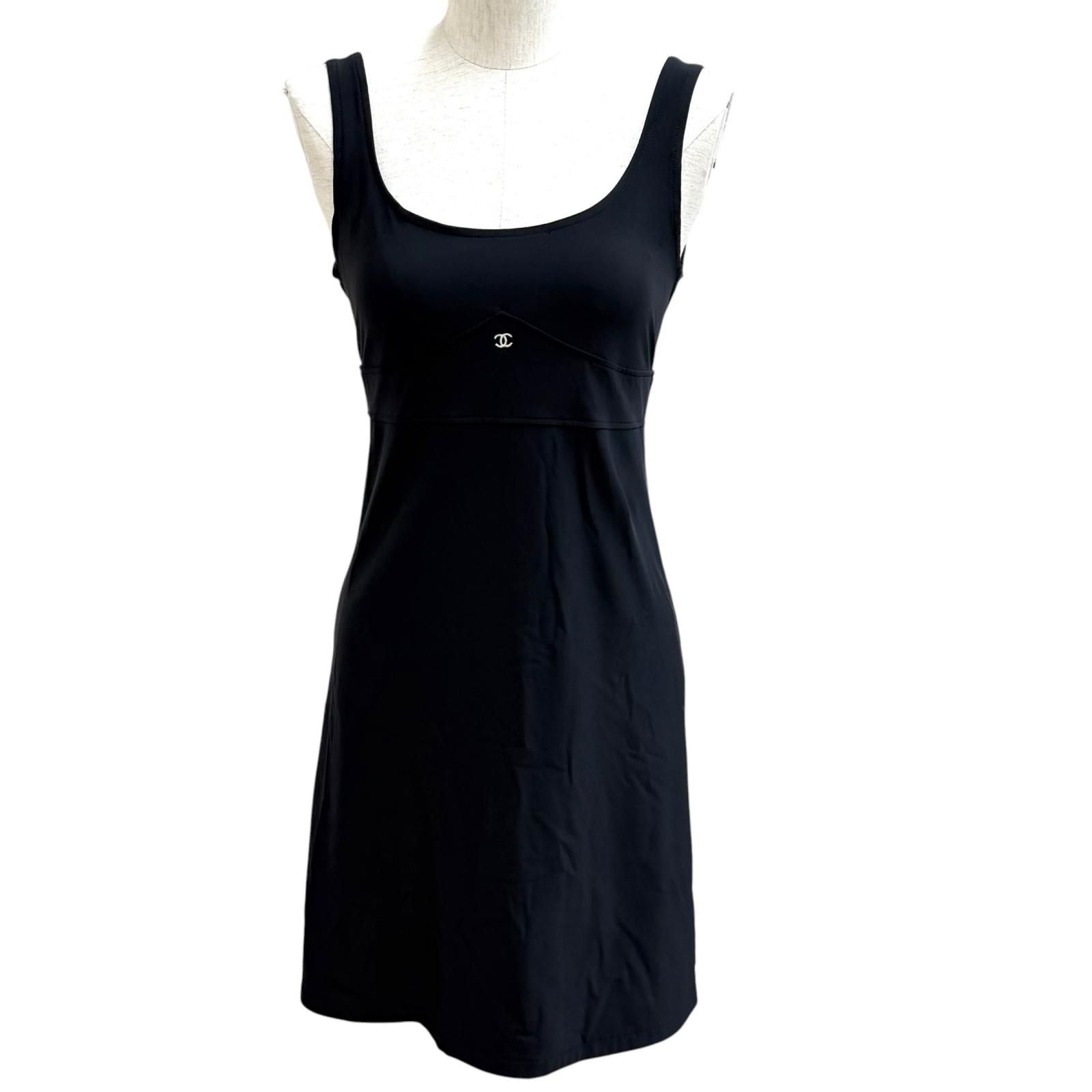 Chanel Vintage 97c CC Logo Embroidery Sleeveless Maillot Dress Black 38