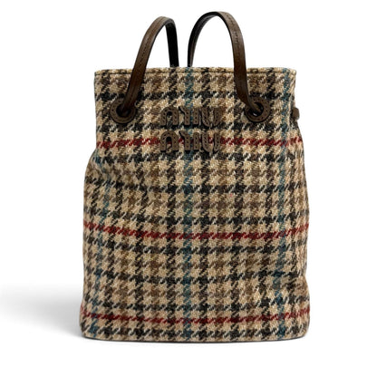 Miu Miu Logo Leather Use Houndstooth Tweed Shoulder Bag Multi