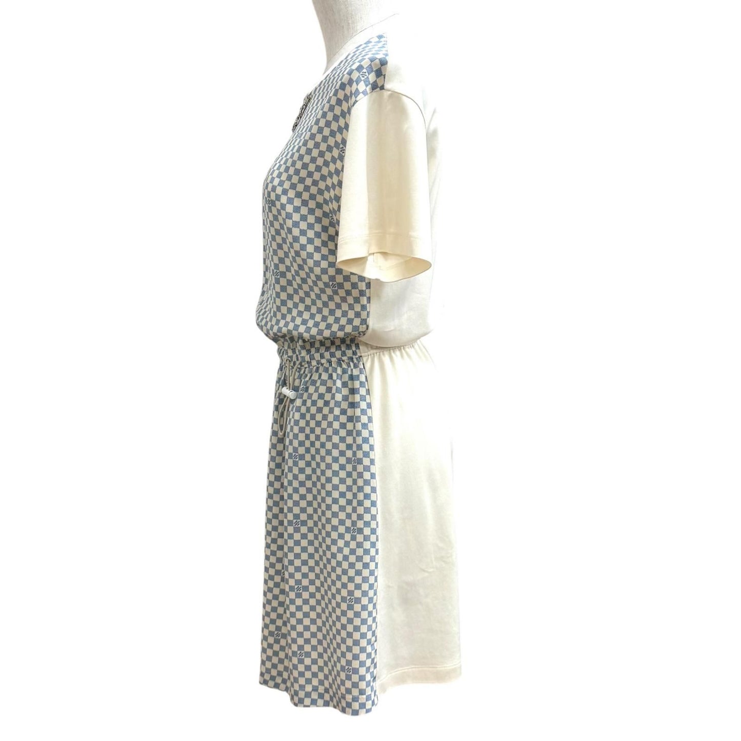 Louis Vuitton Cotton Silk Blend Damier Front Drawstring Dress White Blue XS — view 3