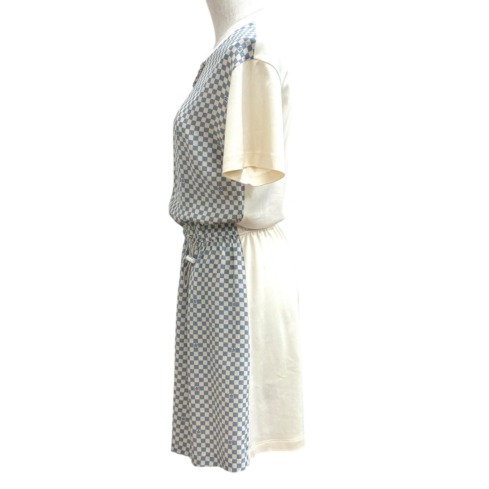 Louis Vuitton Cotton Silk Blend Damier Front Drawstring Dress White Blue XS — view 3