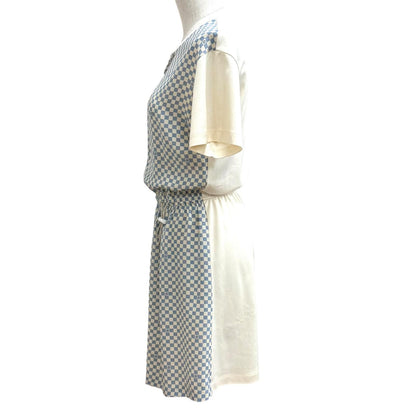Louis Vuitton Cotton Silk Blend Damier Front Drawstring Dress White Blue XS — view 3
