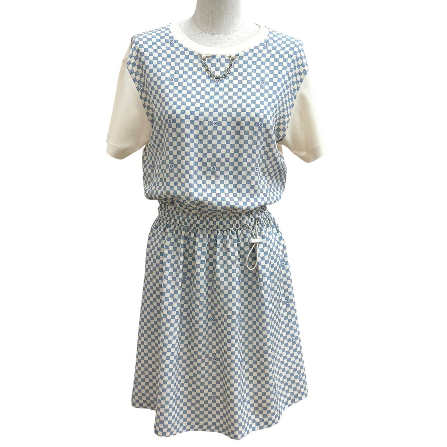 Louis Vuitton Cotton Silk Blend Damier Front Drawstring Dress White Blue XS