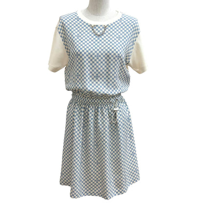Louis Vuitton Cotton Silk Blend Damier Front Drawstring Dress White Blue XS