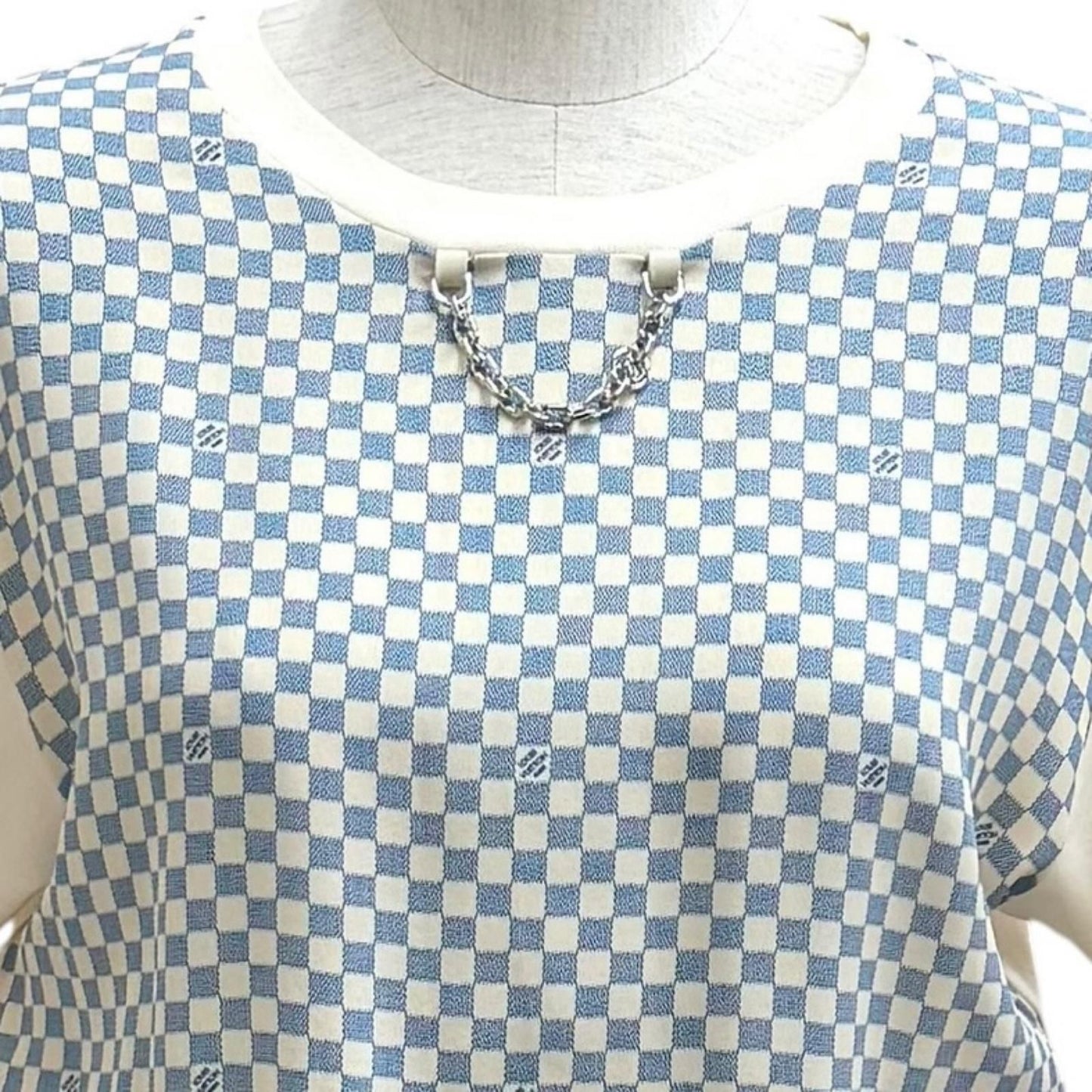 Louis Vuitton Cotton Silk Blend Damier Front Drawstring Dress White Blue XS — view 2