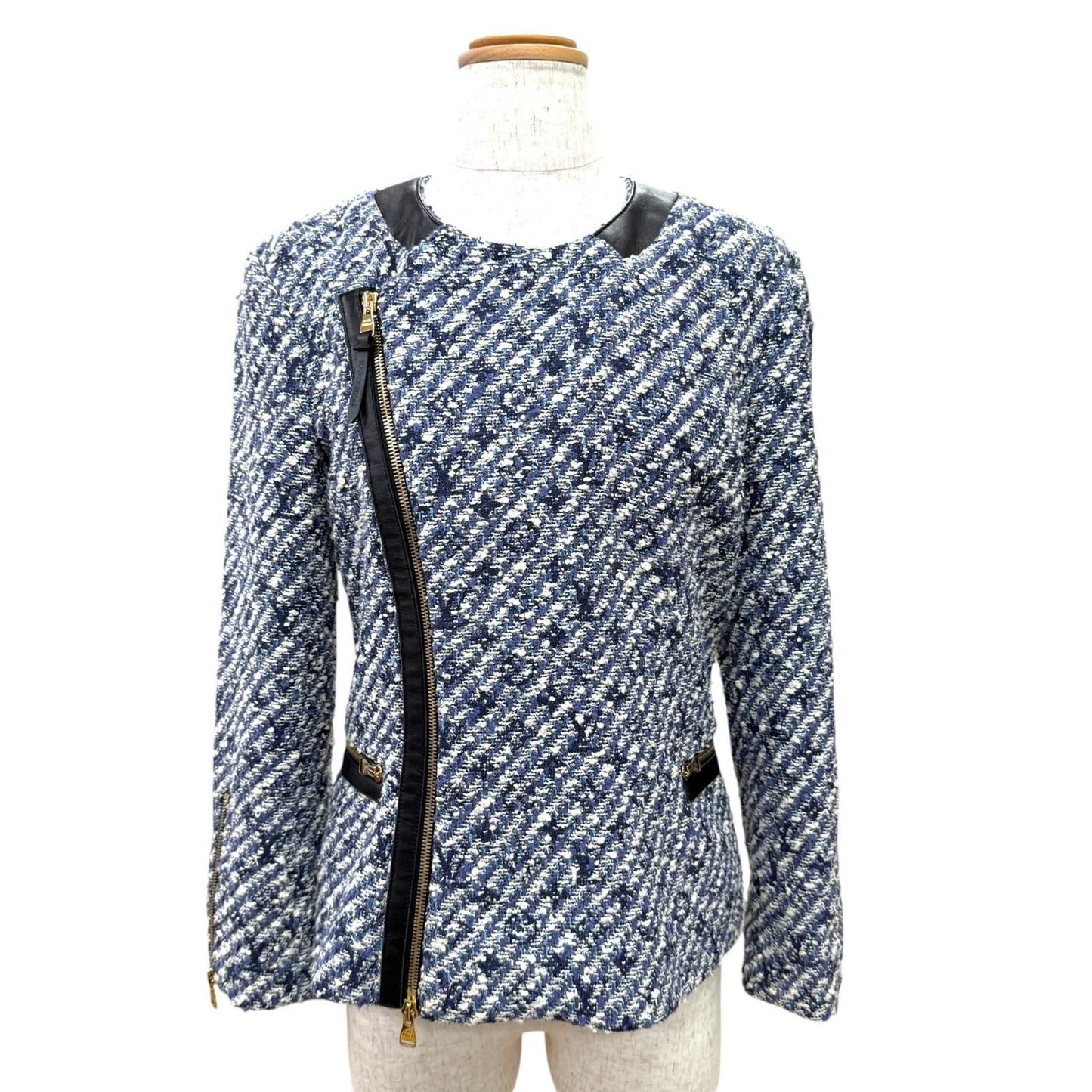 Louis Vuitton Leather Use Shadow Monogram Tweed Collarless Jacket Blue 34