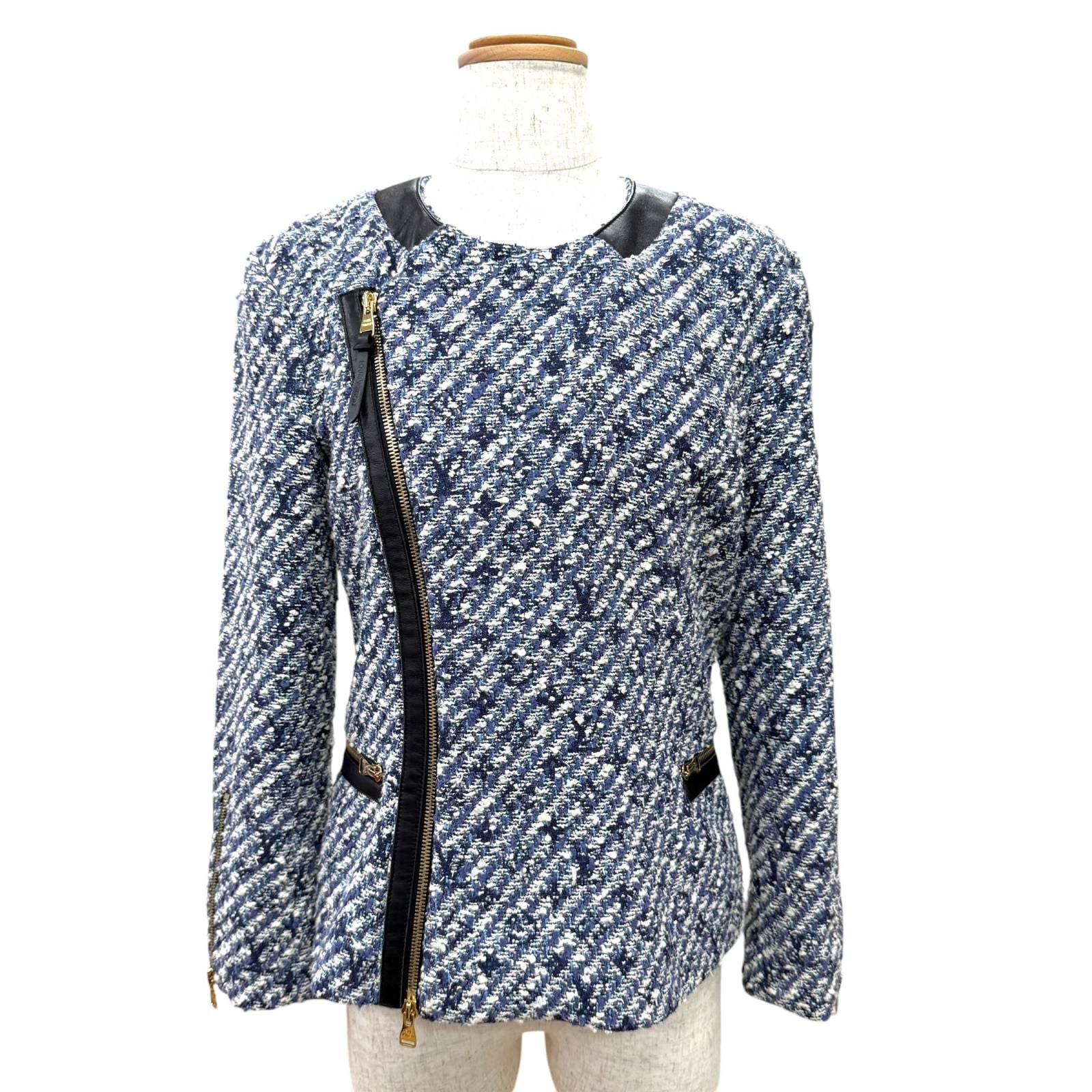 Louis Vuitton Leather Use Shadow Monogram Tweed Collarless Jacket Blue 34