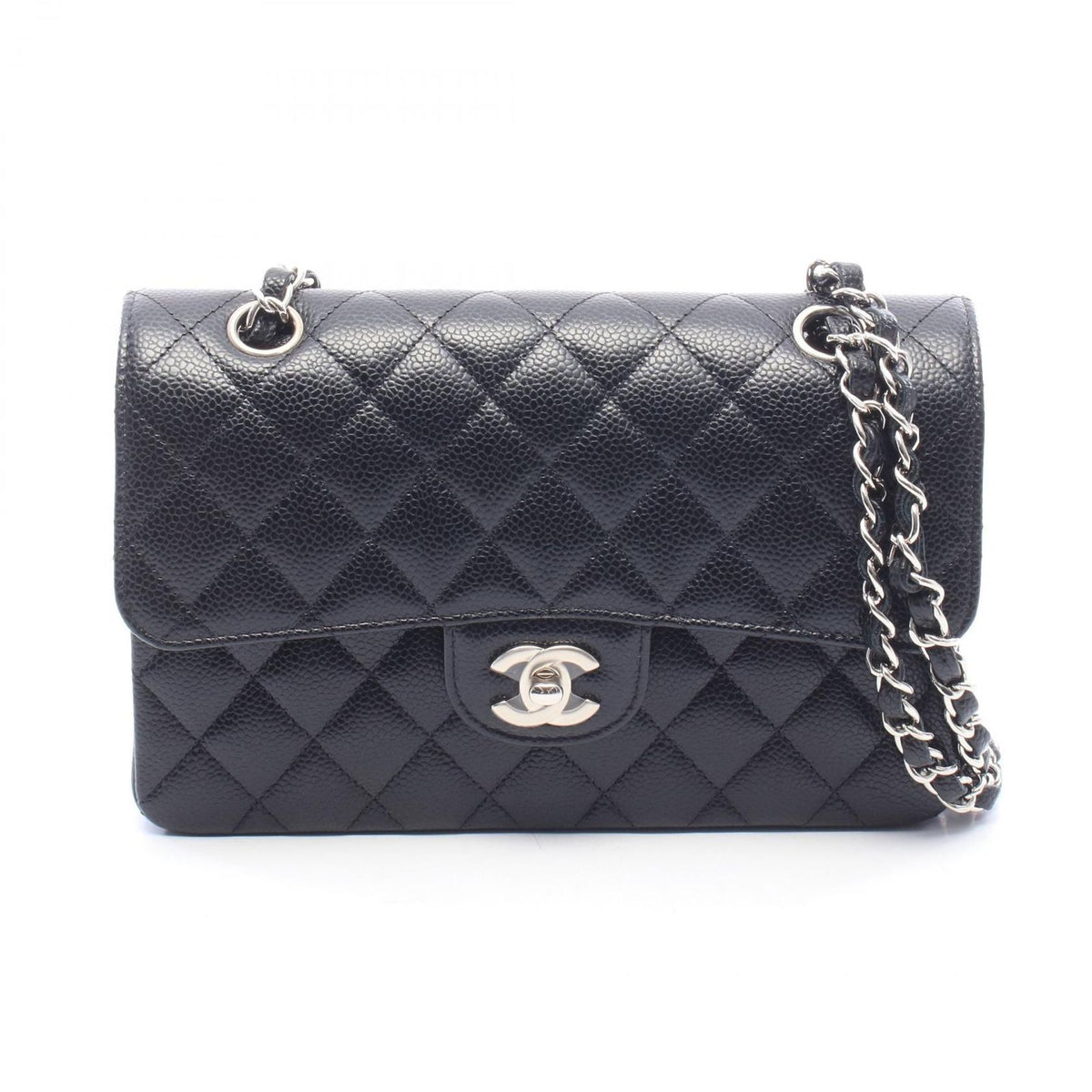 Chanel Shoulder Bag Quilted Double Flap Black Caviar Leather Chain
