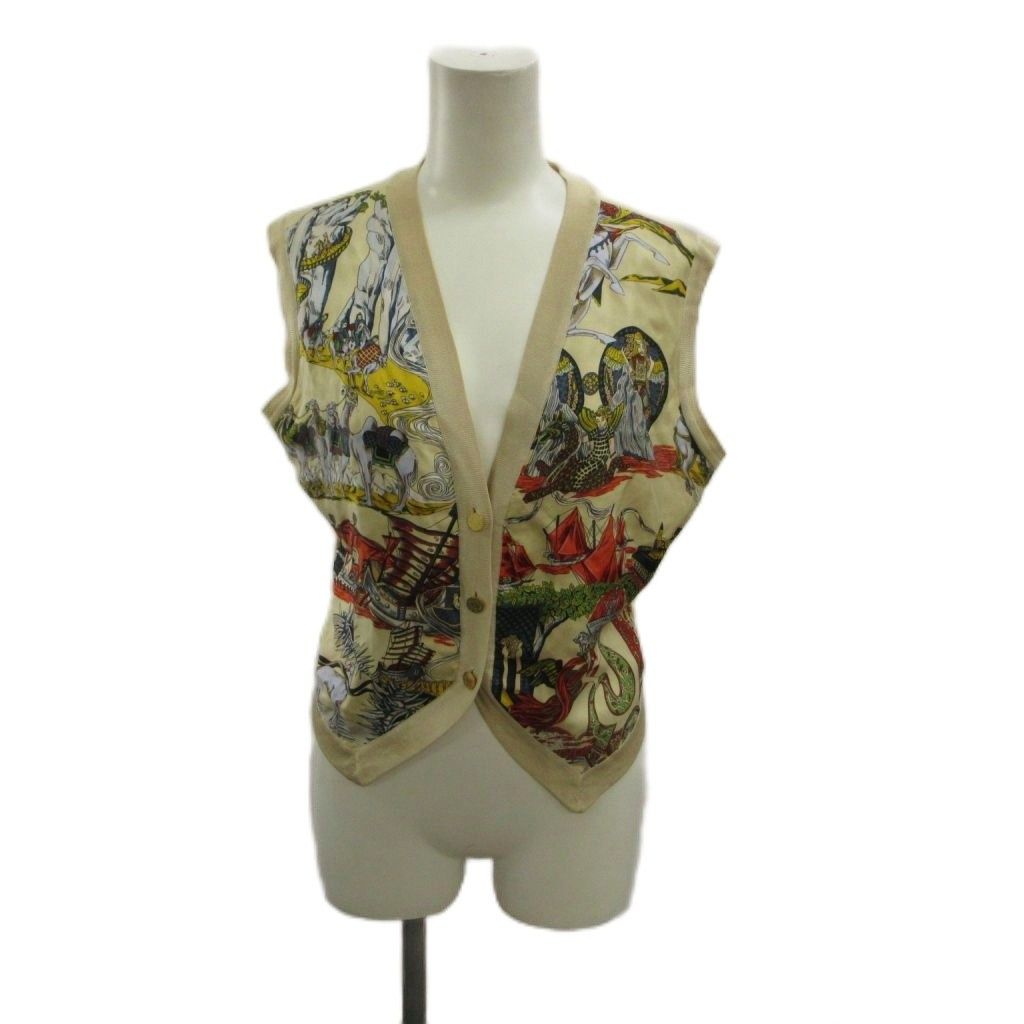 Hermes Vintage Gilet Vest Silk V-neck Scarf Pattern All Over Print Gold Button