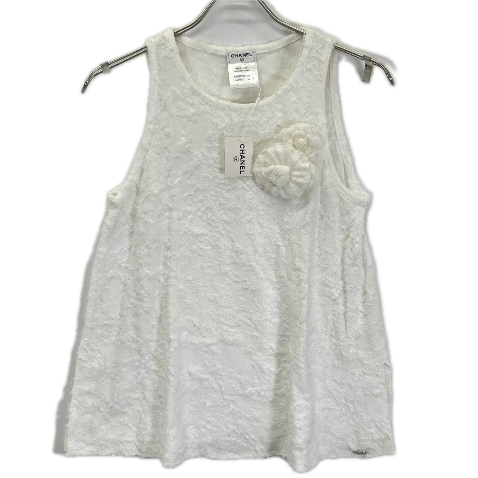 Chanel White Camellia Corsage Sleeveless Knit Sweater 34