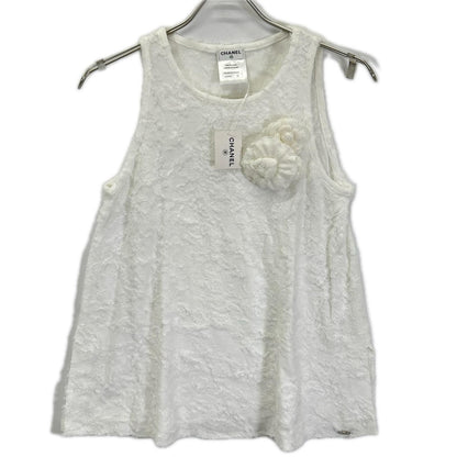 Chanel White Camellia Corsage Sleeveless Knit Sweater 34