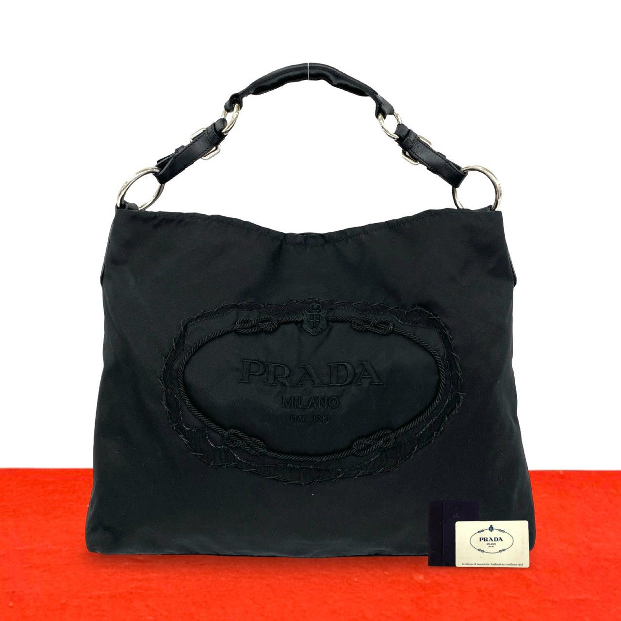 Prada Logo Nylon Leather Shoulder Bag Tote Black