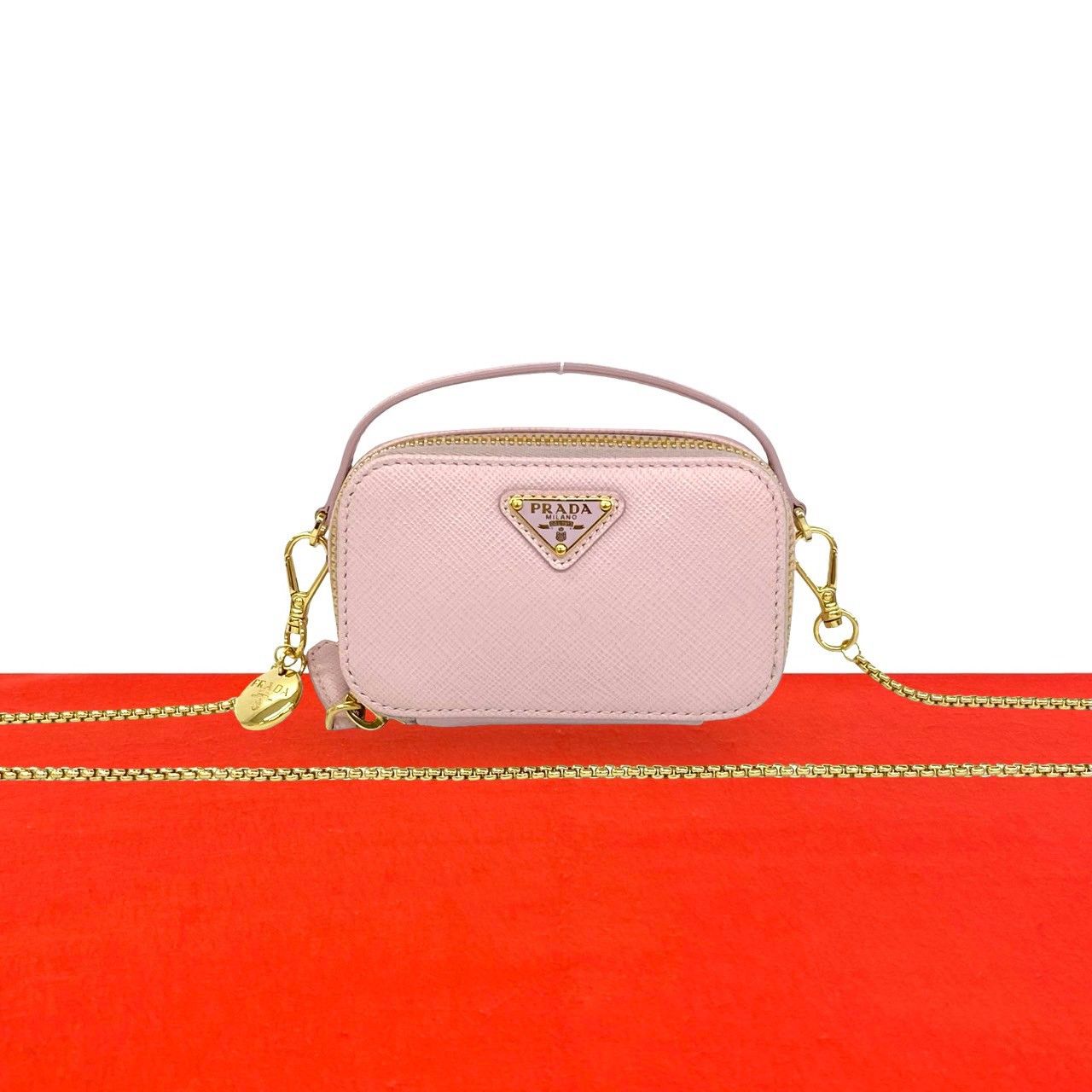 Prada Triangle Mini Pouch Logo Saffiano Leather Shoulder Bag Pochette Pink