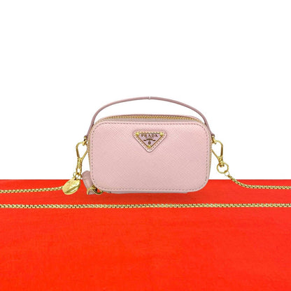 Prada Triangle Mini Pouch Logo Saffiano Leather Shoulder Bag Pochette Pink