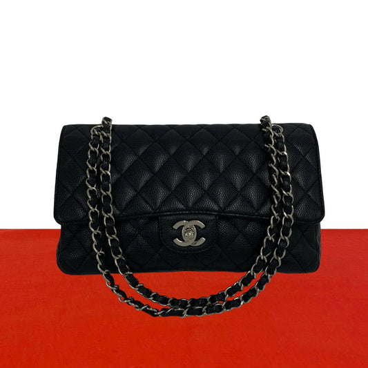 Chanel Double Flap Quilted CC Logo Caviar Leather Shoulder Bag Black