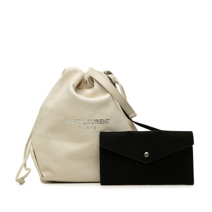 Saint Laurent Logo Drawstring Shoulder Bag Chain Ivory Beige Leather — view 6