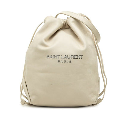 Saint Laurent Logo Drawstring Shoulder Bag Chain Ivory Beige Leather