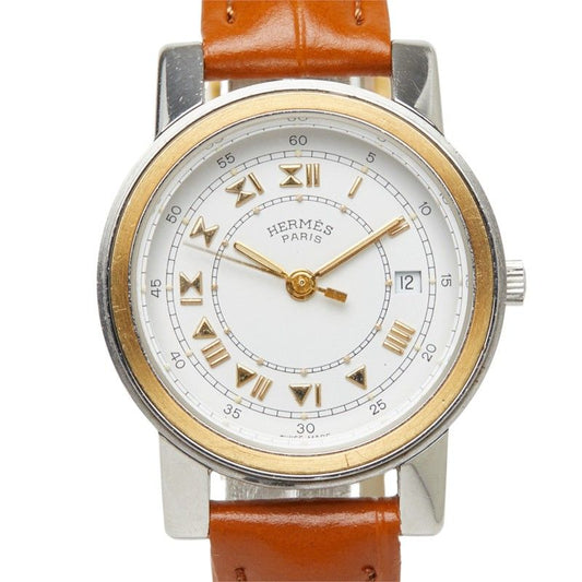Hermes Carrick Watch White Gold Silver Brown Stainless Steel Leather