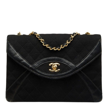 Chanel Vintage Quilted CC Logo Chain Shoulder Bag Black Gold Cotton Leather