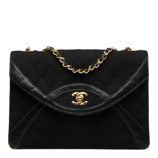 Chanel Vintage Quilted CC Logo Chain Shoulder Bag Black Gold Cotton Leather
