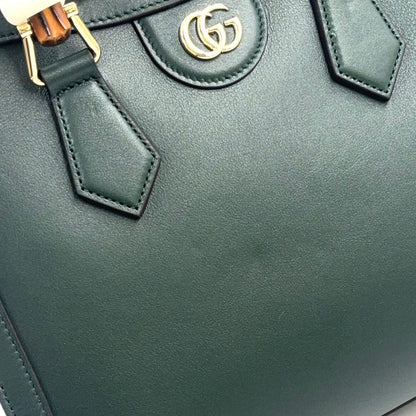 Gucci Diana Medium 2-Way Bamboo Handle Calfskin Green Tote Bag Gold — view 8