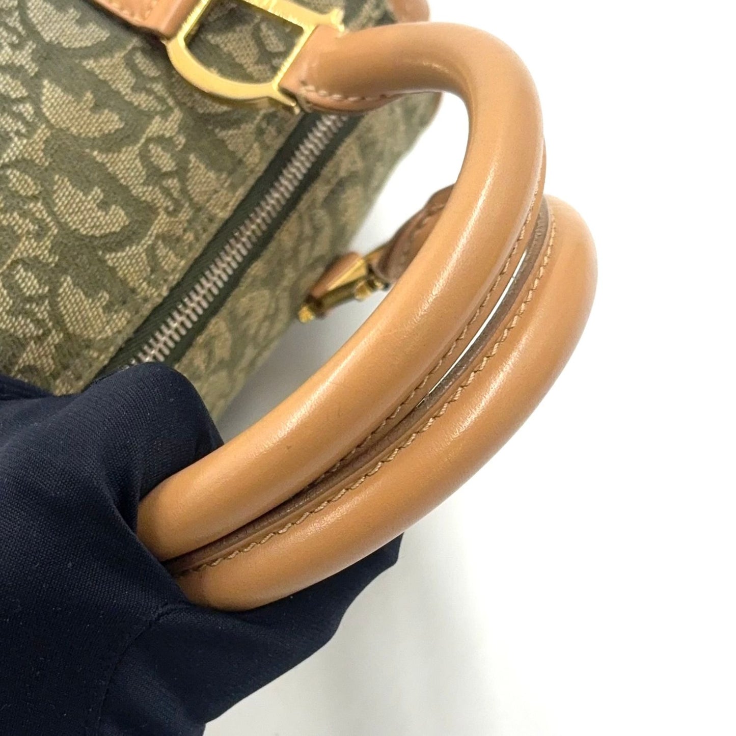 Dior Trotter Mini Leather Canvas Khaki Green Light Brown Boston Bag Gold — view 7