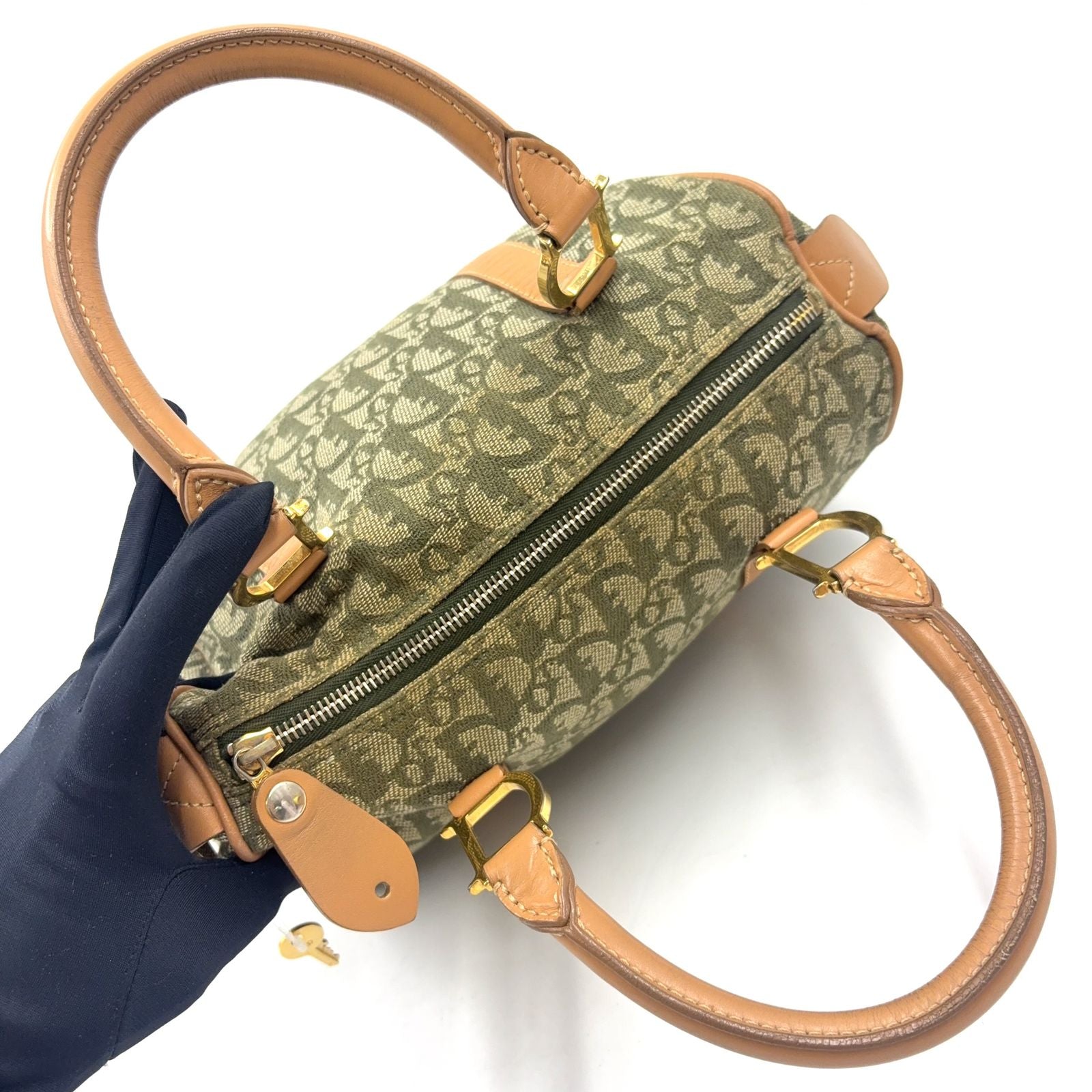 Dior Trotter Mini Leather Canvas Khaki Green Light Brown Boston Bag Gold — view 8