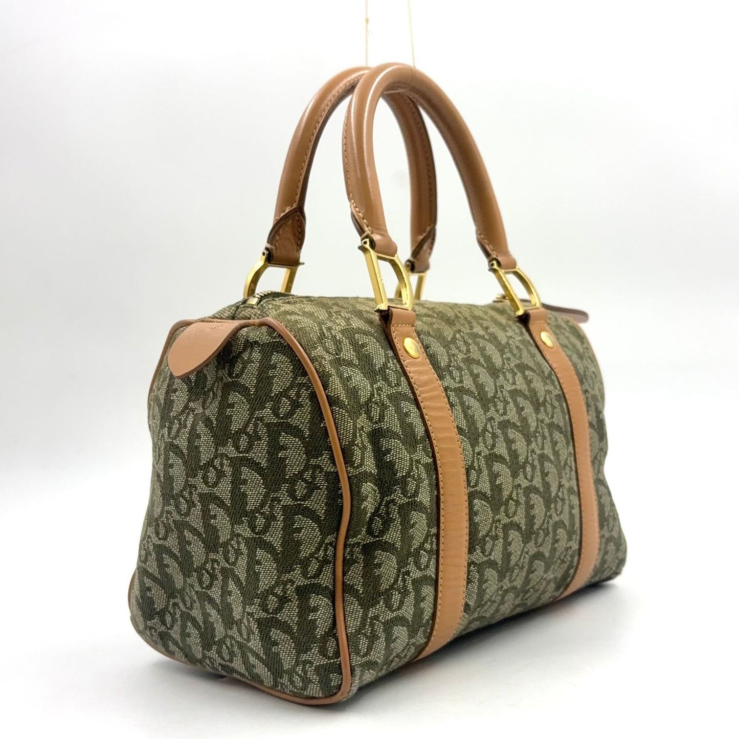 Dior Trotter Mini Leather Canvas Khaki Green Light Brown Boston Bag Gold — view 2