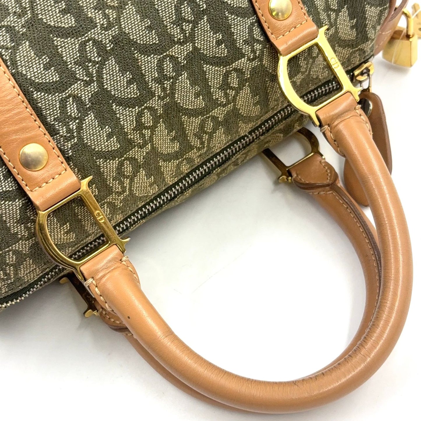 Dior Trotter Mini Leather Canvas Khaki Green Light Brown Boston Bag Gold — view 5