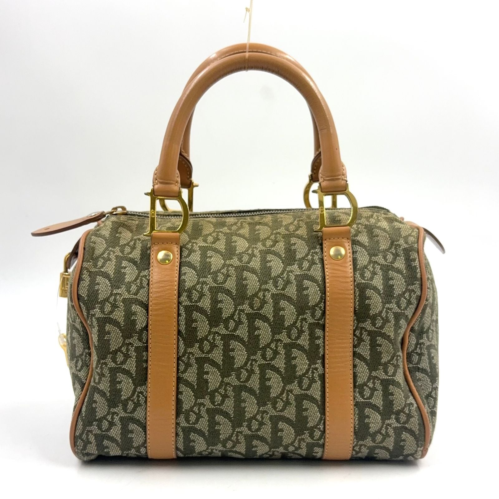 Dior Trotter Mini Leather Canvas Khaki Green Light Brown Boston Bag Gold