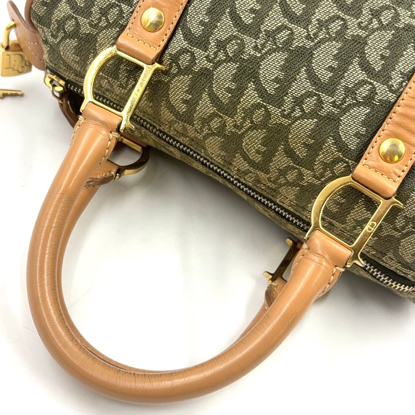 Dior Trotter Mini Leather Canvas Khaki Green Light Brown Boston Bag Gold — view 6