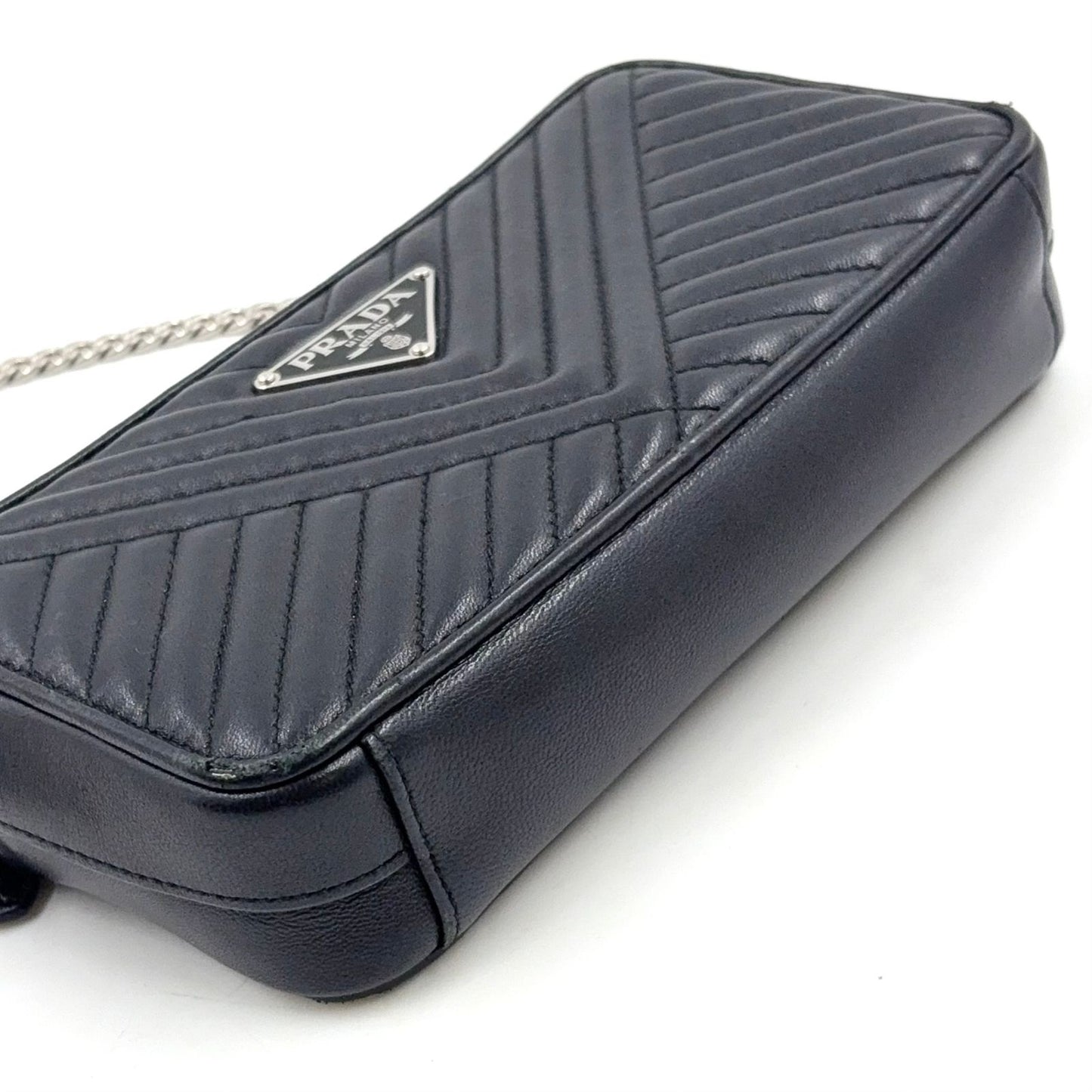 Prada Diagram Nappa Impunture Leather Black Chain Shoulder Bag Silver — view 8