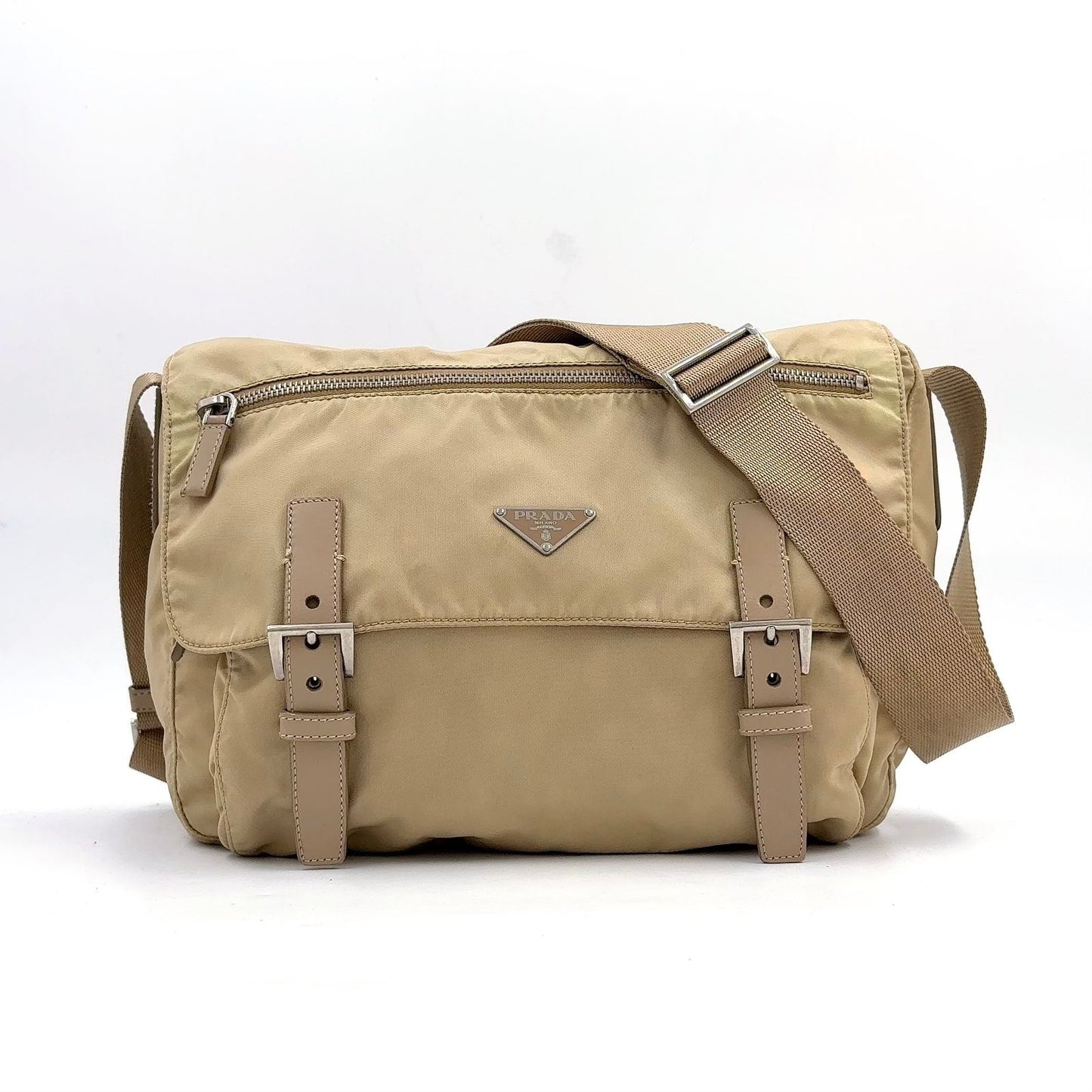 Prada Double Belt Nylon Beige Shoulder Bag Silver