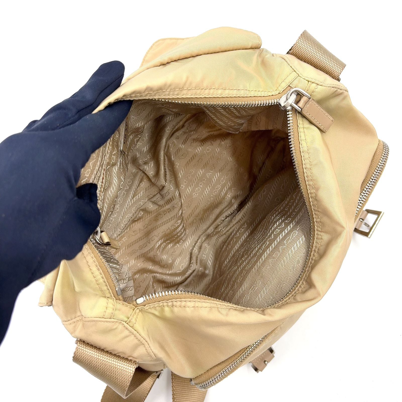 Prada Double Belt Nylon Beige Shoulder Bag Silver — view 3