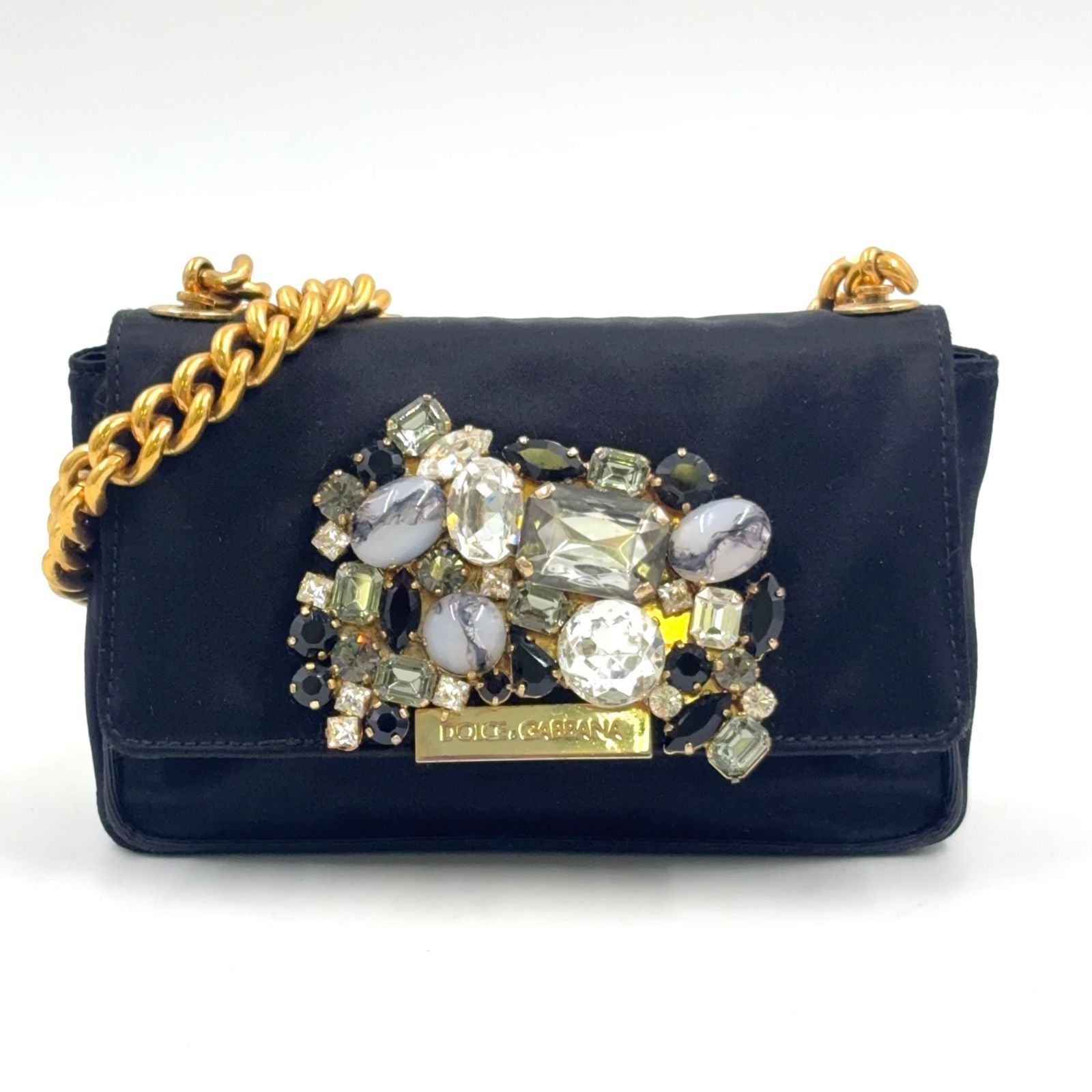 Dolce & Gabbana Bijou Mini Satin Black Chain Shoulder Bag Gold