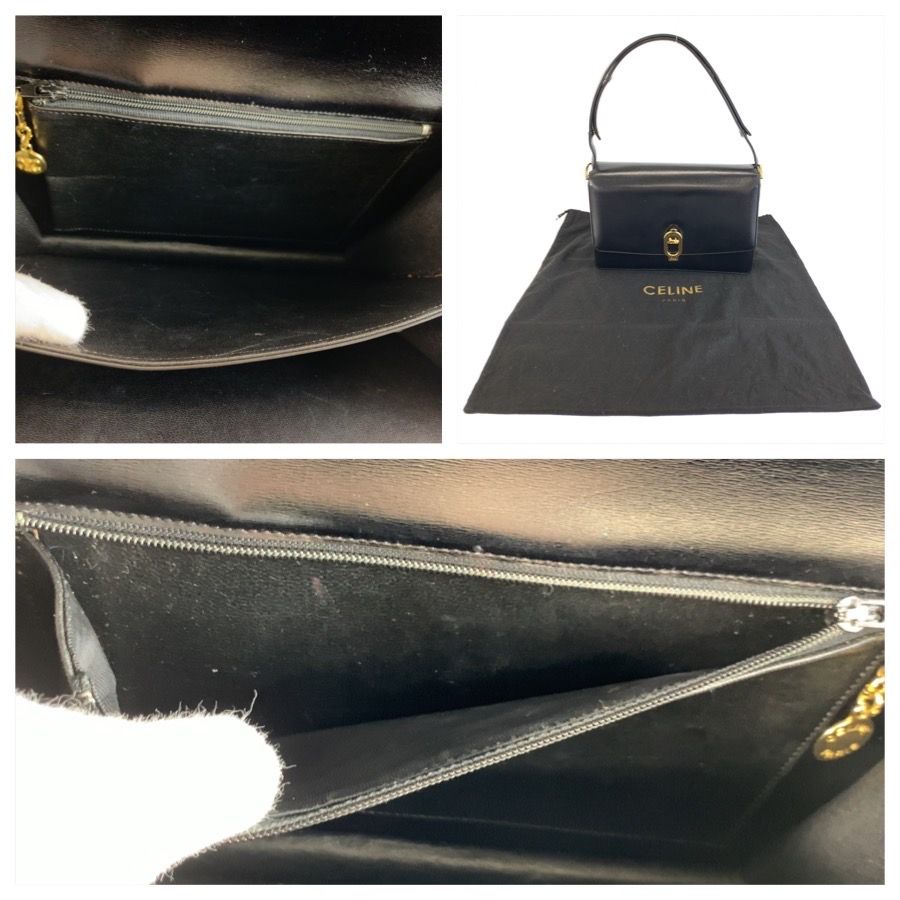 Celine Vintage Carriage Black Gold Leather Shoulder Bag — view 6