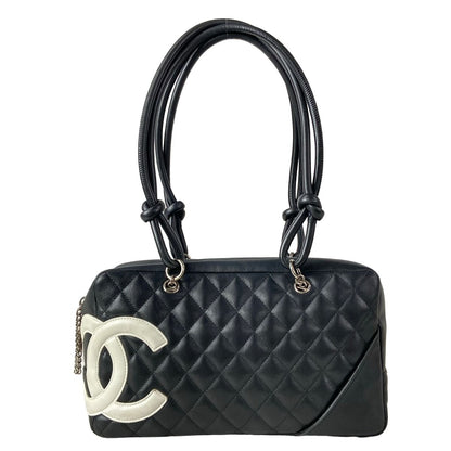 Chanel Shoulder Bag Cambon Line Black White CC Logo Silver Leather