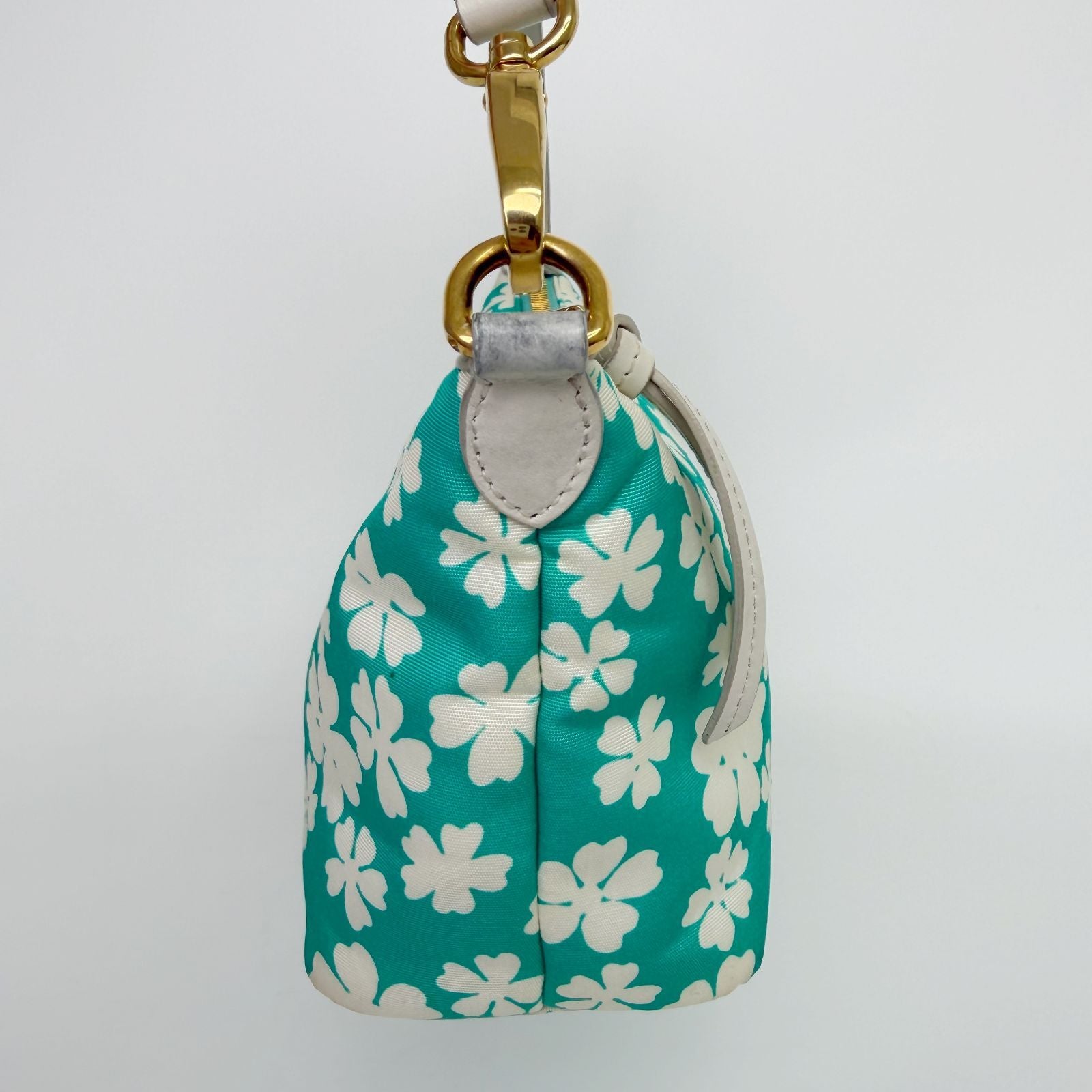 Miu Miu Flower Print Re-Nylon Mini Hobo Handbag Leather Green White Gold Vintage — view 5