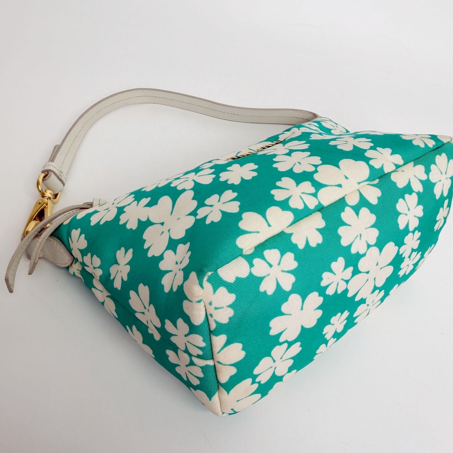 Miu Miu Flower Print Re-Nylon Mini Hobo Handbag Leather Green White Gold Vintage — view 8