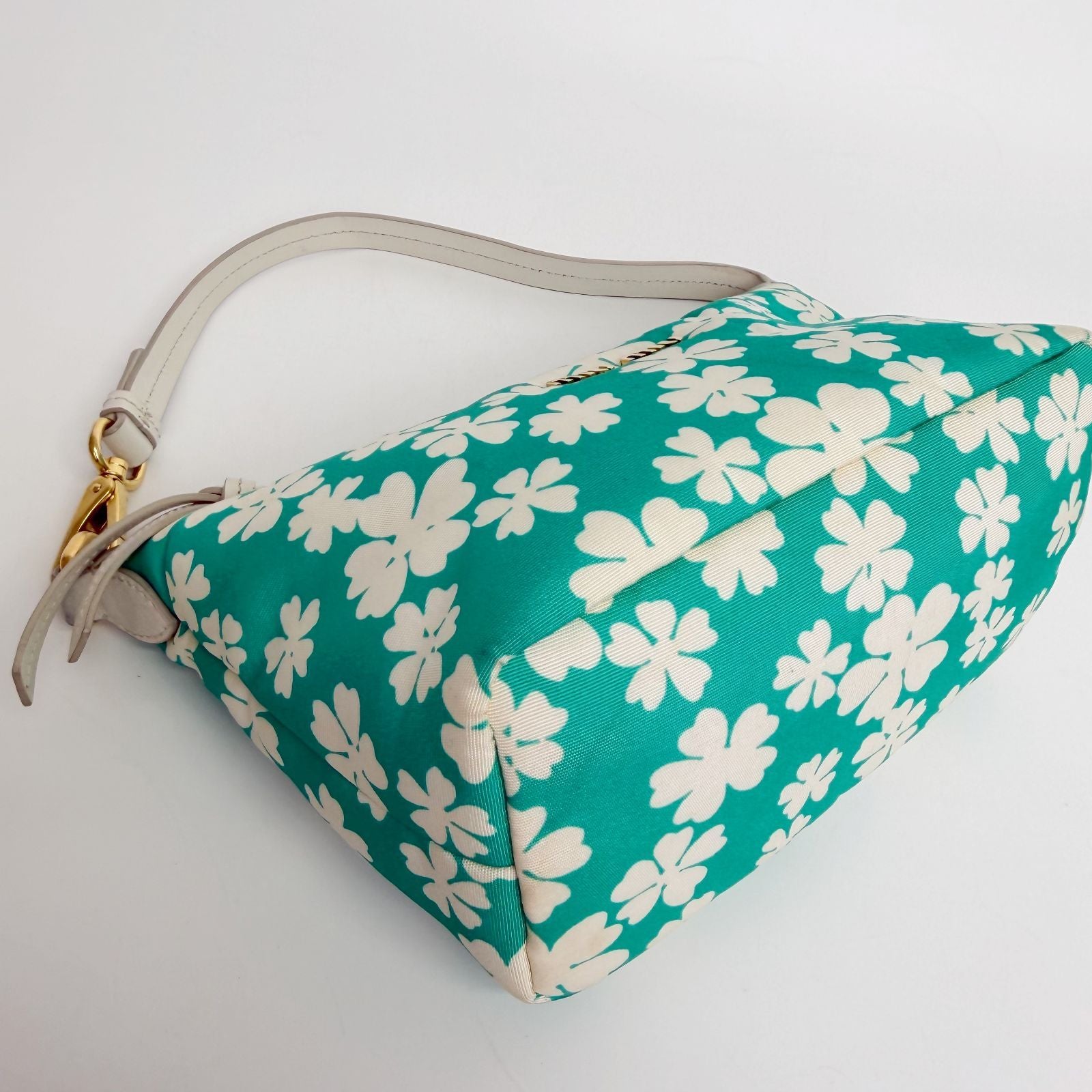 Miu Miu Flower Print Re-Nylon Mini Hobo Handbag Leather Green White Gold Vintage — view 8