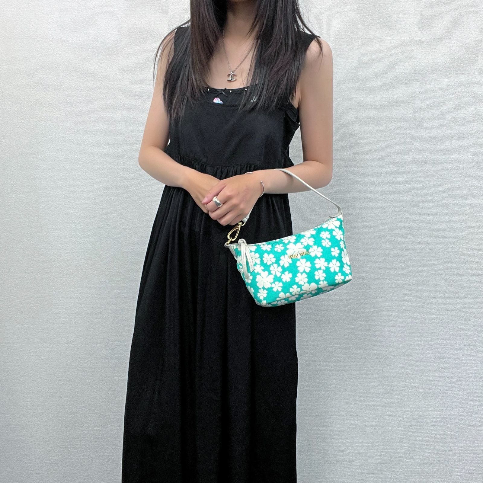Miu Miu Flower Print Re-Nylon Mini Hobo Handbag Leather Green White Gold Vintage