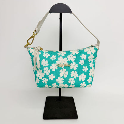 Miu Miu Flower Print Re-Nylon Mini Hobo Handbag Leather Green White Gold Vintage — view 2