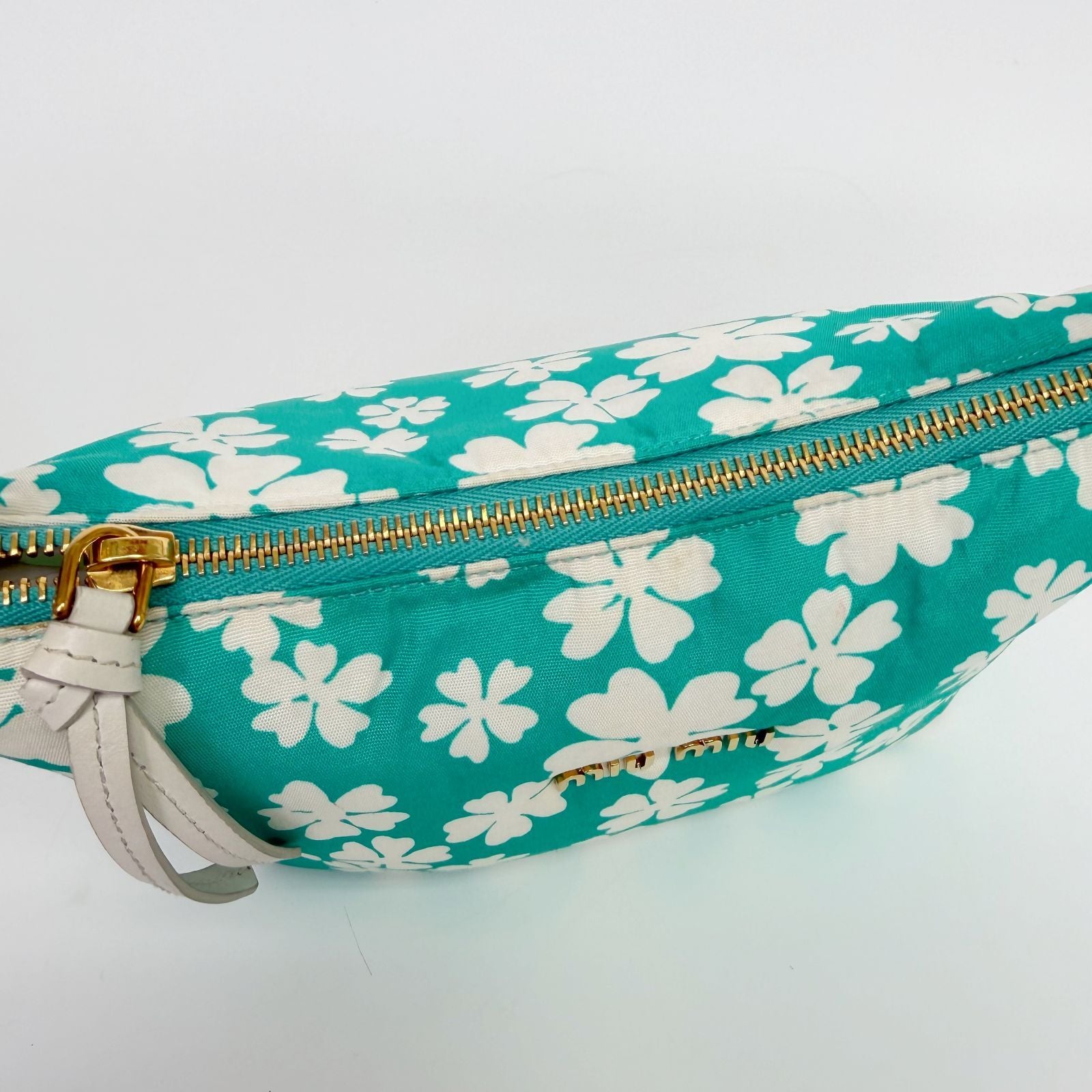 Miu Miu Flower Print Re-Nylon Mini Hobo Handbag Leather Green White Gold Vintage — view 6